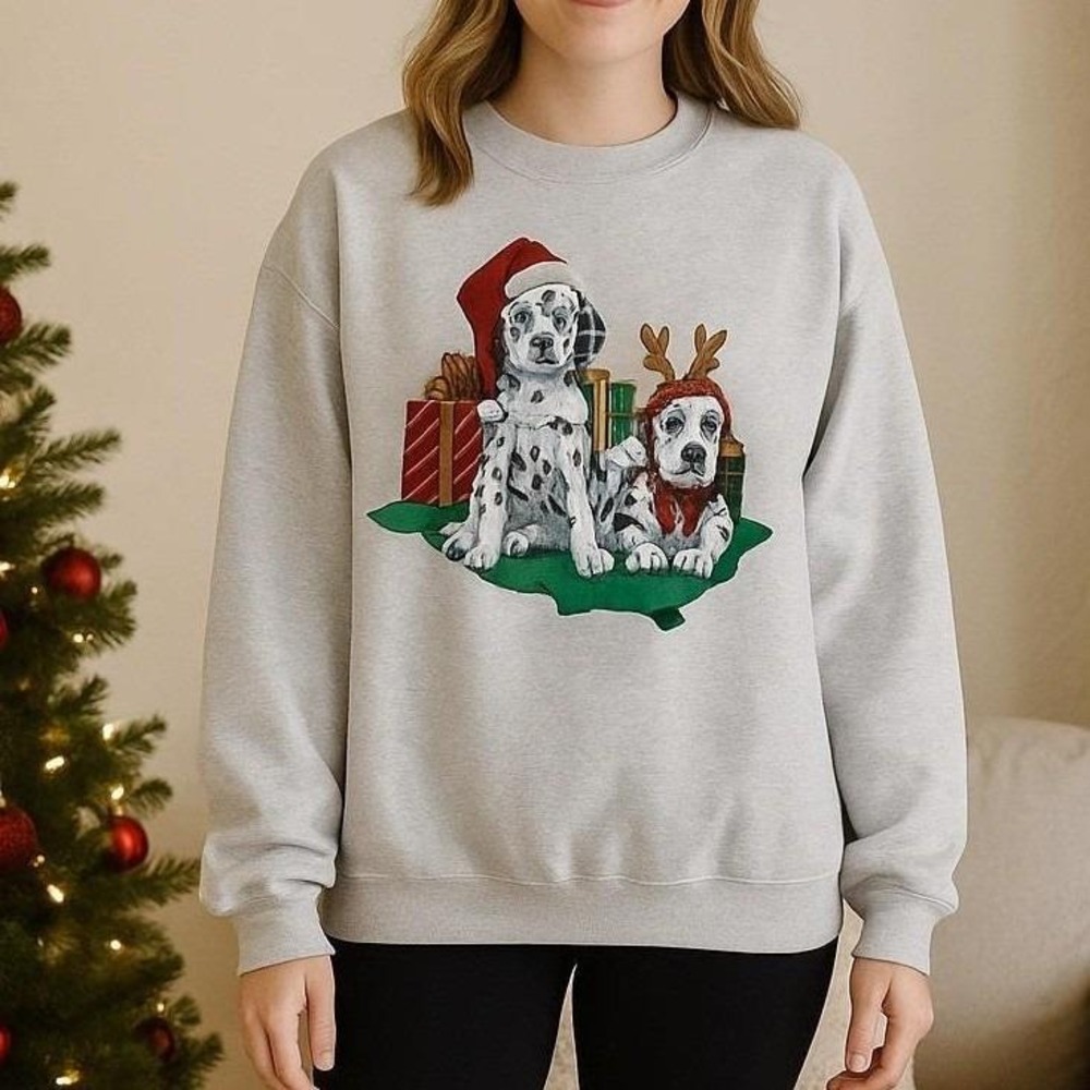 Vtg 90s Jerzees Dalmatian Dogs Christmas Sweatshirt Women Gray Crewneck Sz XL
